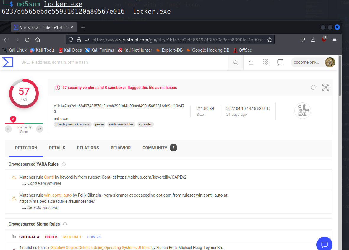 conti ransomware detection on virus total