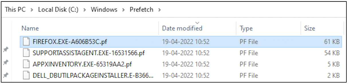 recently executed firefox application on a prefetch directory